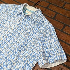 Projek Raw Mens Medium Blue White Geometric Linen Blend Short Sleeve Button Down